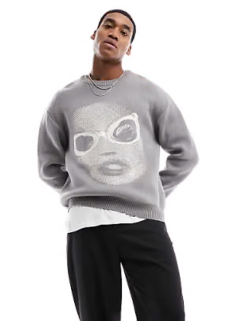 Weekday Gray Knit Sweater with White Sunglasses Face Graphic
